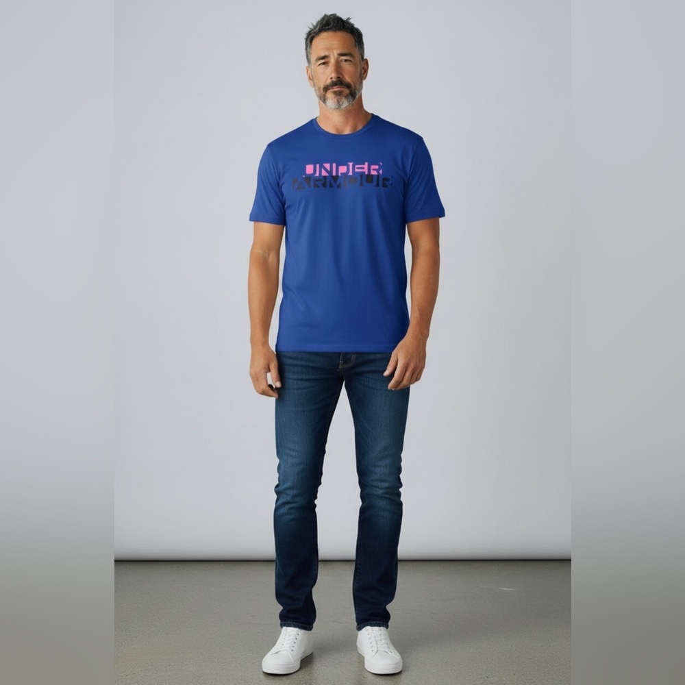 Under Armour Blue Graphic Tee NWT | Small Bold Design Pink Logo Athleisure Fit
